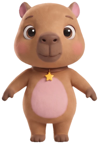Cabolu, capivara bebê marrom com barriga rosa e coleira com uma estrela.