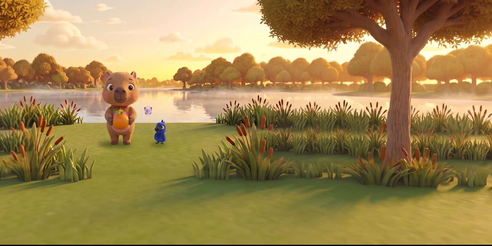 O Cabolu, uma capivara bebê, segura uma laranja na beira do rio ao amanhecer, ao lado da borboleta Violeta e do filhote de arara-azul Arazinho.